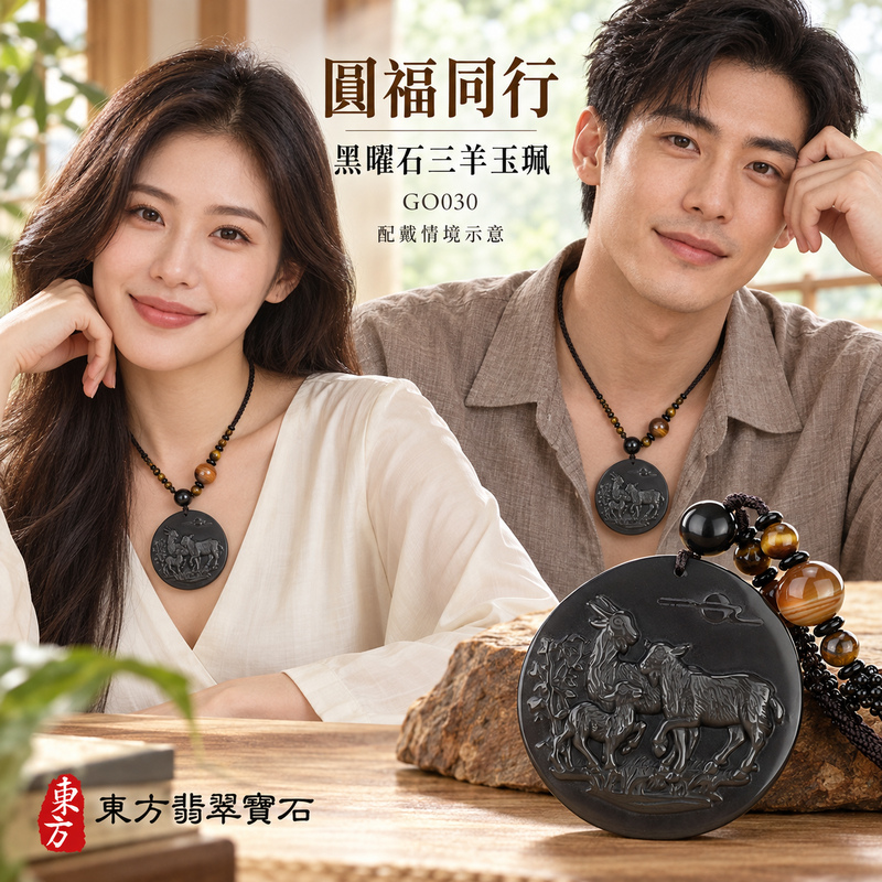 黑曜石羊項鍊玉珮｜吉祥納福・和順相伴｜炫彩黑曜石羊｜黑曜石羊玉珮・黑曜石羊玉墜・黑曜石羊吊墜｜GO030｜日常配戴・送禮收藏｜客製化訂做黑曜石羊項鍊玉珮、玉墜、吊墜｜附東方翡翠寶石保證卡｜東方翡翠寶石