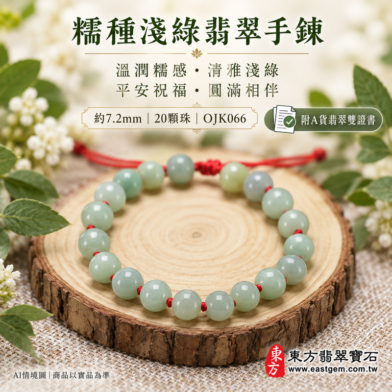 附A貨翡翠雙證書 糯種淺綠翡翠手鍊 糯種緬甸玉手珠 溫潤糯感 清雅淺綠 柔和光澤 自然紋理 平安吉祥 圓滿相伴 生生不息寓意 珠徑約7.2mm 20顆珠 OJK066 男女日常配戴 生日紀念日心意送禮 可洽詢客製翡翠珠串 翡翠珠子 緬甸玉珠串 緬甸玉珠子與手圍調整-1 附A貨翡翠雙證書 糯種淺綠翡翠手鍊 糯種緬甸玉手珠 溫潤糯感 清雅淺綠 柔和光澤 自然紋理 平安吉祥 圓滿相伴 生生不息寓意 珠徑約7.2mm 20顆珠 OJK066 男女日常配戴 生日紀念日心意送禮 可洽詢客製翡翠珠串 翡翠珠子 緬甸玉珠串 緬甸玉珠子與手圍調整-1