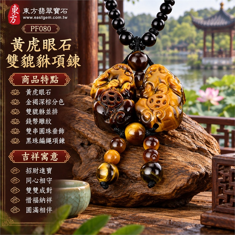 黃虎眼石雙貔貅帶錢幣項鍊玉珮吊墜|招財進寶・同心相守・雙雙成對・惜福納祥・圓滿相伴|黃虎眼石・金褐深棕分色・雙貔貅並排・錢幣雕紋・雙串圓珠垂飾・黑珠編繩項鍊|黃虎眼石,產地標示巴西、馬達加斯加、烏拉圭、大陸、印尼|PF080|可洽詢客製化訂做|附東方翡翠寶石保證書 1 黃虎眼石雙貔貅帶錢幣項鍊玉珮吊墜|招財進寶・同心相守・雙雙成對・惜福納祥・圓滿相伴|黃虎眼石・金褐深棕分色・雙貔貅並排・錢幣雕紋・雙串圓珠垂飾・黑珠編繩項鍊|黃虎眼石,產地標示巴西、馬達加斯加、烏拉圭、大陸、印尼|PF080|可洽詢客製化訂做|附東方翡翠寶石保證書 1