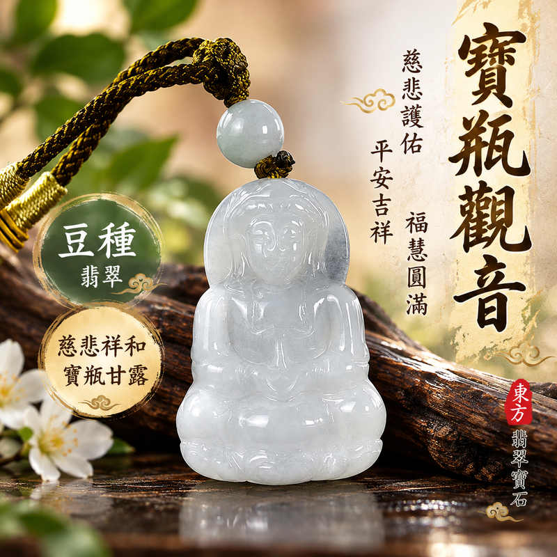 豆種翡翠寶瓶觀音觀世音菩薩玉珮 I 慈悲護佑平安吉祥與福慧圓滿 I 寶瓶甘露象徵清淨祥和及慈悲關懷 I GY1934 緬甸A貨翡翠觀音玉墜 I 木土五行傳統玉文化寓意與日常平安祝福 I 天然翡翠玉石雕刻觀世音菩薩造型 I 男女皆宜佩戴收藏與親友祝福送禮 I 附雙證書東方翡翠寶石品質保證1