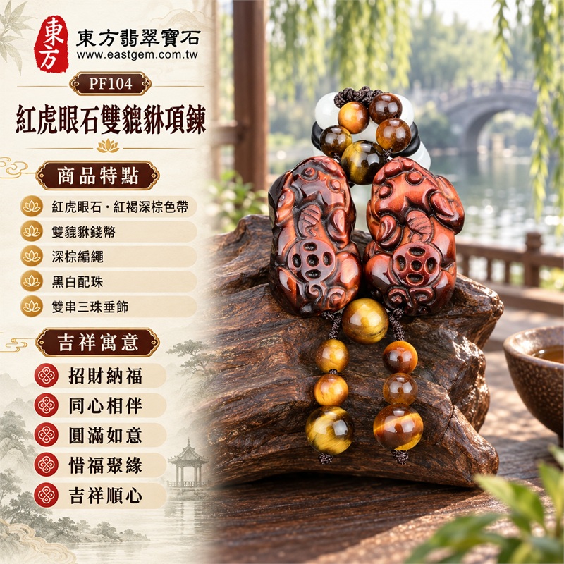紅虎眼石雙貔貅錢幣黑白配珠深棕編繩項鍊玉珮吊墜|招財納福・同心相伴・圓滿如意・惜福聚緣・吉祥順心|紅虎眼石・紅褐深棕色帶・雙貔貅錢幣・深棕編繩・黑白配珠・雙串三珠垂飾|紅虎眼石,產地標示巴西、馬達加斯加、烏拉圭、大陸、印尼|PF104|可洽客製化訂做|附東方翡翠寶石保證書 1 紅虎眼石雙貔貅錢幣黑白配珠深棕編繩項鍊玉珮吊墜|招財納福・同心相伴・圓滿如意・惜福聚緣・吉祥順心|紅虎眼石・紅褐深棕色帶・雙貔貅錢幣・深棕編繩・黑白配珠・雙串三珠垂飾|紅虎眼石,產地標示巴西、馬達加斯加、烏拉圭、大陸、印尼|PF104|可洽客製化訂做|附東方翡翠寶石保證書 1
