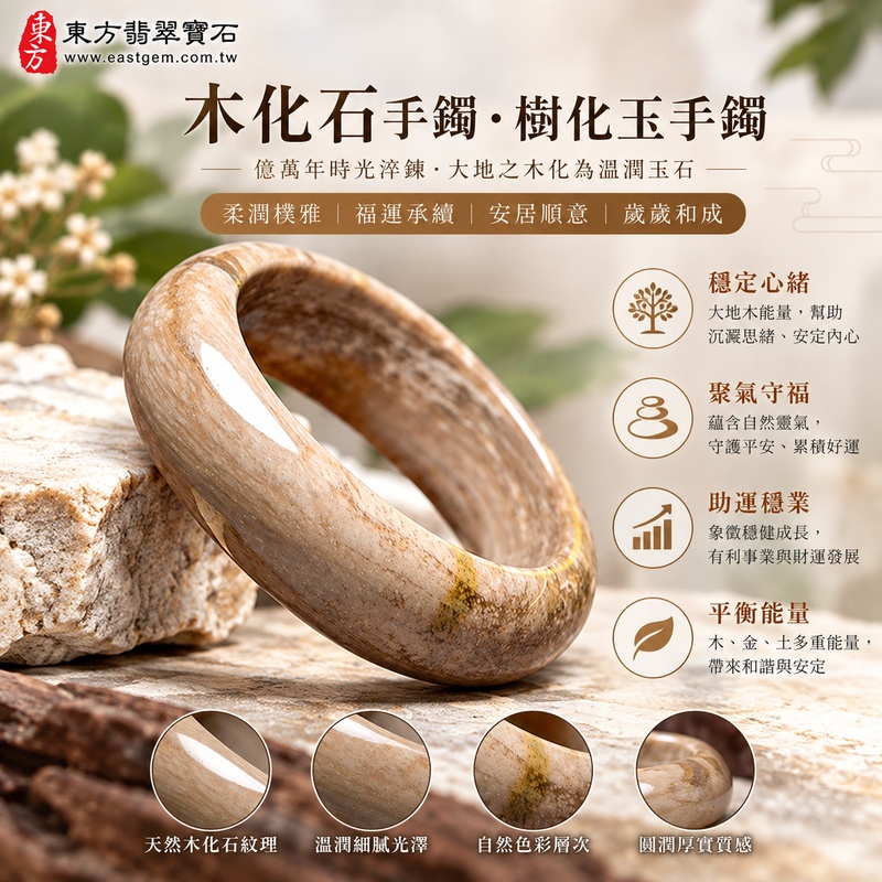 木化石手鐲・樹化玉手鐲｜淺咖啡色揉白霧紋・柔潤樸雅・福運承續・安居順意・歲歲和成｜平口鐲・平安鐲・圓鐲18・WO017｜天然木化石樹化玉手鐲・客製化訂做｜附東方翡翠寶石雙證書1
