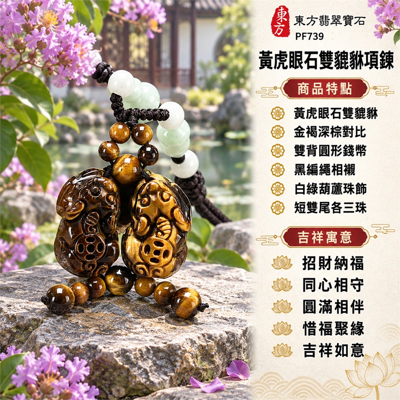 黃虎眼石雙貔貅錢幣項鍊玉珮吊墜｜招財納福・同心相守・圓滿相伴・惜福聚緣・吉祥如意｜黃虎眼石雙貔貅・金褐深棕對比・雙背圓形錢幣・黑編繩相襯・白綠葫蘆珠飾・短雙尾各三珠｜黃虎眼石・產地標示巴西、馬達加斯加、烏拉圭、大陸、印尼｜東方翡翠寶石PF739｜客製化訂做各種黃虎眼石貔貅吊墜玉珮項鍊｜附東方翡翠寶石保證書 1