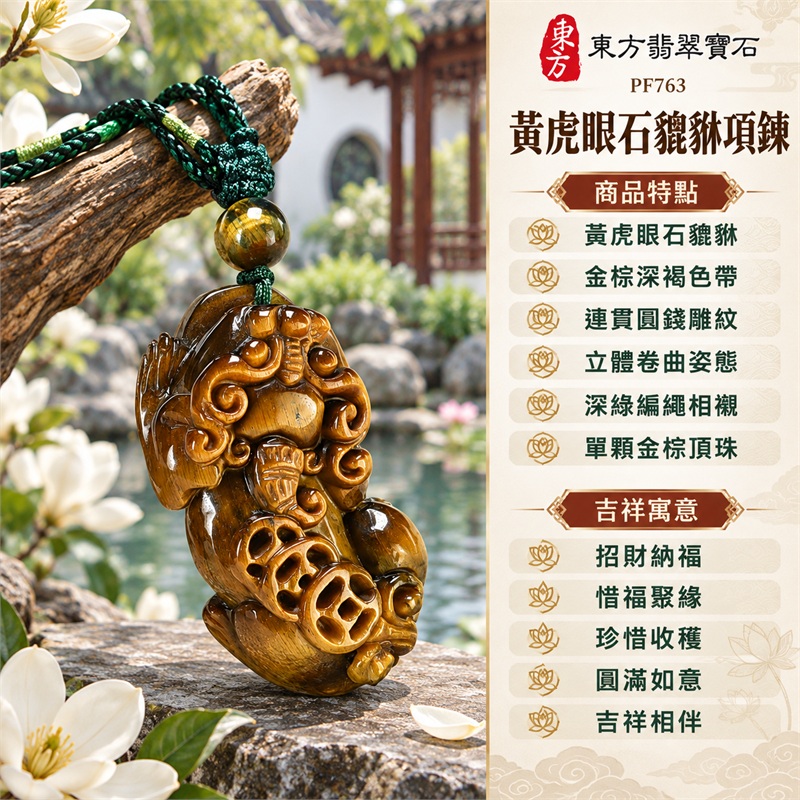 黃虎眼石貔貅錢幣項鍊玉珮吊墜|招財納福・惜福聚緣・珍惜收穫・圓滿如意・吉祥相伴|黃虎眼石貔貅・金棕深褐色帶・連貫圓錢雕紋・立體卷曲姿態・深綠編繩相襯・單顆金棕頂珠|黃虎眼石・產地標示南非、澳洲、納米比亞、中國、緬甸、印度|東方翡翠寶石PF763|客製化訂做各種黃虎眼石貔貅吊墜玉珮項鍊|附東方翡翠寶石保證書 1 黃虎眼石貔貅錢幣項鍊玉珮吊墜|招財納福・惜福聚緣・珍惜收穫・圓滿如意・吉祥相伴|黃虎眼石貔貅・金棕深褐色帶・連貫圓錢雕紋・立體卷曲姿態・深綠編繩相襯・單顆金棕頂珠|黃虎眼石・產地標示南非、澳洲、納米比亞、中國、緬甸、印度|東方翡翠寶石PF763|客製化訂做各種黃虎眼石貔貅吊墜玉珮項鍊|附東方翡翠寶石保證書 1