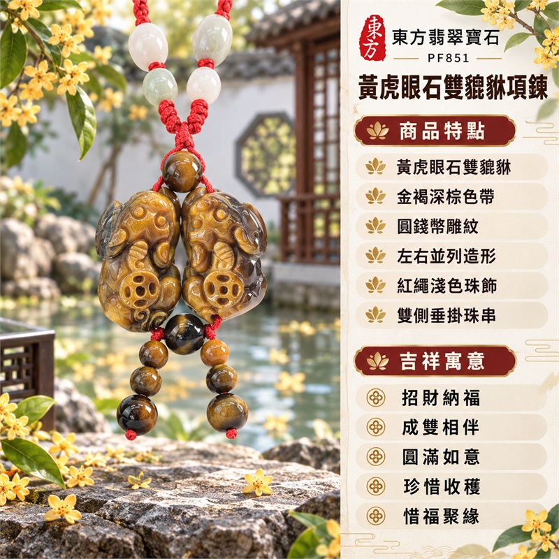 黃虎眼石雙貔貅錢幣項鍊玉珮吊墜|招財納福・成雙相伴・圓滿如意・珍惜收穫・惜福聚緣|黃虎眼石雙貔貅・金褐深棕色帶・圓錢幣雕紋・左右並列造形・紅繩淺色珠飾・雙側垂掛珠串|黃虎眼石・產地標示南非、澳洲、納米比亞、中國、緬甸、印度|東方翡翠寶石PF851|客製化訂做各種黃虎眼石貔貅吊墜玉珮項鍊|附東方翡翠寶石保證書 1 黃虎眼石雙貔貅錢幣項鍊玉珮吊墜|招財納福・成雙相伴・圓滿如意・珍惜收穫・惜福聚緣|黃虎眼石雙貔貅・金褐深棕色帶・圓錢幣雕紋・左右並列造形・紅繩淺色珠飾・雙側垂掛珠串|黃虎眼石・產地標示南非、澳洲、納米比亞、中國、緬甸、印度|東方翡翠寶石PF851|客製化訂做各種黃虎眼石貔貅吊墜玉珮項鍊|附東方翡翠寶石保證書 1