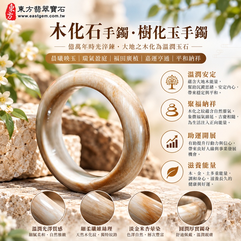 木化石手鐲・樹化玉手鐲｜淺褐色融乳白天然木化紋・細柔纖維絲理・淡金米杏暈染・晨曦映玉・瑞氣盈庭・福田廣植・嘉運亨通・平和納祥｜平口鐲・平安鐲・圓鐲18・WO021｜天然木化石樹化玉手鐲・客製化訂做｜附東方翡翠寶石雙證書1