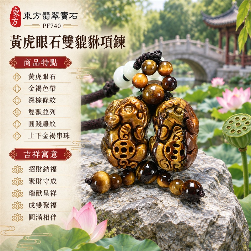黃虎眼石雙貔貅項鍊｜招財納福・聚財守成・瑞獸呈祥・成雙聚福・圓滿相伴｜黃虎眼石・金褐色帶・深棕條紋・雙獸並列・圓錢雕紋・上下金褐串珠・淡色珠組・深褐編繩｜黃虎眼石，產地標示巴西、馬達加斯加、烏拉圭、大陸、印尼｜PF740｜客製化訂做黃虎眼石貔貅玉珮項鍊，歡迎洽詢｜東方翡翠寶石保證書（保證卡） 1