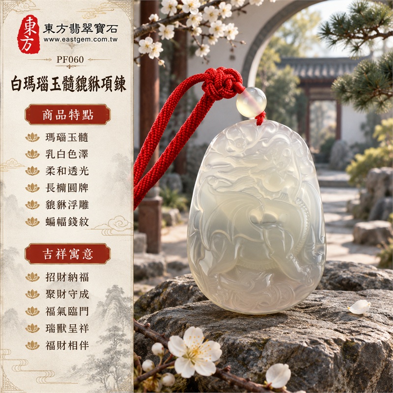 白瑪瑙玉髓貔貅項鍊｜招財納福・聚財守成・福氣臨門・瑞獸呈祥・福財相伴｜瑪瑙玉髓・乳白色澤・柔和透光・長橢圓牌・貔貅浮雕・蝙蝠錢紋・素面背部・紅色編繩・淡色圓珠｜瑪瑙玉髓，產地標示巴西、中國、印度｜PF060｜客製化訂做瑪瑙玉髓貔貅玉珮項鍊，歡迎洽詢｜東方翡翠寶石保證書（保證卡） 1