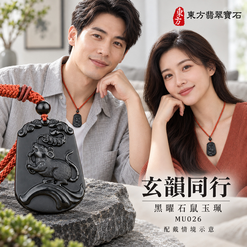 黑曜石鼠項鍊玉珮｜金錢鼠・靈巧納福・豐足吉祥｜黑曜石鼠｜黑曜石鼠玉珮・黑曜石鼠玉墜・黑曜石鼠吊墜｜MU026｜日常配戴・送禮收藏｜客製化訂做黑曜石鼠項鍊玉珮、玉墜、吊墜｜附東方翡翠寶石保證卡｜東方翡翠寶石