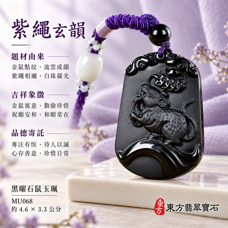 黑曜石鼠項鍊玉珮｜金錢鼠・靈巧納福・豐足吉祥｜冰種黑曜石鼠｜黑曜石鼠玉珮・黑曜石鼠玉墜・黑曜石鼠吊墜｜MU068｜日常配戴・送禮收藏｜客製化訂做黑曜石鼠項鍊玉珮、玉墜、吊墜｜附東方翡翠寶石保證卡｜東方翡翠寶石