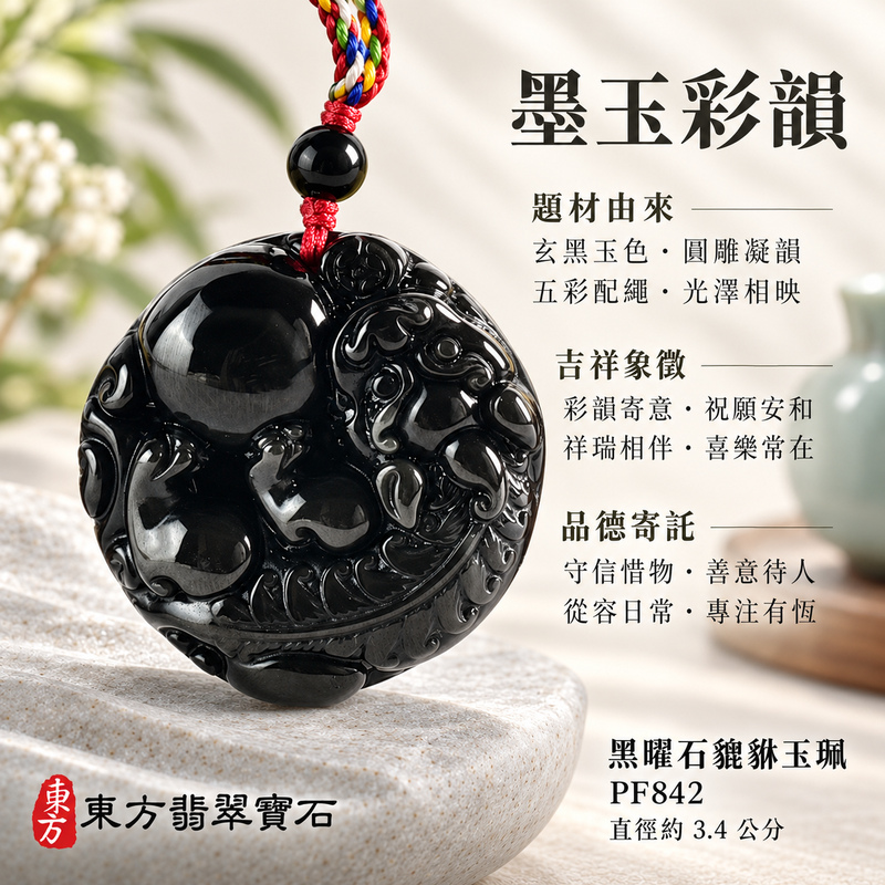 黑曜石貔貅項鍊玉珮｜招財貔貅・招財納福・聚財守福｜黑曜石貔貅｜黑曜石貔貅玉珮・黑曜石貔貅玉墜・黑曜石貔貅吊墜｜PF842｜日常配戴・送禮收藏｜客製化訂做黑曜石貔貅項鍊玉珮、玉墜、吊墜｜附東方翡翠寶石保證書｜東方翡翠寶石