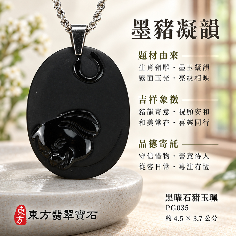 黑曜石豬項鍊玉珮｜豬事如意・富足吉祥・福氣相伴｜全黑黑曜石豬｜黑曜石豬玉珮・黑曜石豬玉墜・黑曜石豬吊墜｜PG035｜日常配戴・送禮收藏｜客製化訂做黑曜石豬項鍊玉珮、玉墜、吊墜｜附東方翡翠寶石保證卡｜東方翡翠寶石