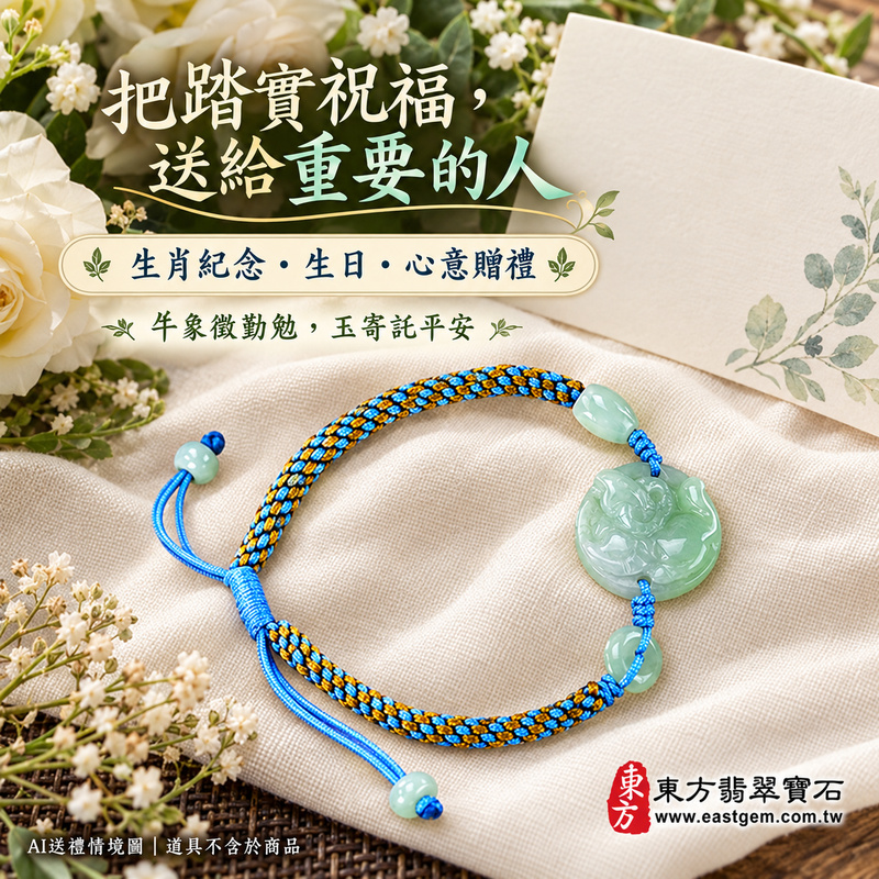 生肖牛A貨翡翠玉珮手鍊 淡綠色糯種緬甸玉牛牌玉墜 溫潤糯感與柔和玉色 牛牌雕刻搭配藍金配色編繩 寄託勤勉踏實 堅毅穩健 平安順心與踏實前行的吉祥祝福 OCO002 附A貨翡翠雙證書 男女日常配戴 生肖紀念與生日心意贈禮 可洽詢客製化翡翠牛吊墜玉珮手鍊及手圍調整-6 生肖牛A貨翡翠玉珮手鍊 淡綠色糯種緬甸玉牛牌玉墜 溫潤糯感與柔和玉色 牛牌雕刻搭配藍金配色編繩 寄託勤勉踏實 堅毅穩健 平安順心與踏實前行的吉祥祝福 OCO002 附A貨翡翠雙證書 男女日常配戴 生肖紀念與生日心意贈禮 可洽詢客製化翡翠牛吊墜玉珮手鍊及手圍調整-6