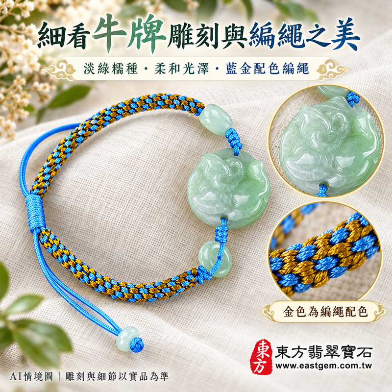 生肖牛A貨翡翠玉珮手鍊 淡綠色糯種緬甸玉牛牌玉墜 溫潤糯感與柔和玉色 牛牌雕刻搭配藍金配色編繩 寄託勤勉踏實 堅毅穩健 平安順心與踏實前行的吉祥祝福 OCO002 附A貨翡翠雙證書 男女日常配戴 生肖紀念與生日心意贈禮 可洽詢客製化翡翠牛吊墜玉珮手鍊及手圍調整-3 生肖牛A貨翡翠玉珮手鍊 淡綠色糯種緬甸玉牛牌玉墜 溫潤糯感與柔和玉色 牛牌雕刻搭配藍金配色編繩 寄託勤勉踏實 堅毅穩健 平安順心與踏實前行的吉祥祝福 OCO002 附A貨翡翠雙證書 男女日常配戴 生肖紀念與生日心意贈禮 可洽詢客製化翡翠牛吊墜玉珮手鍊及手圍調整-3