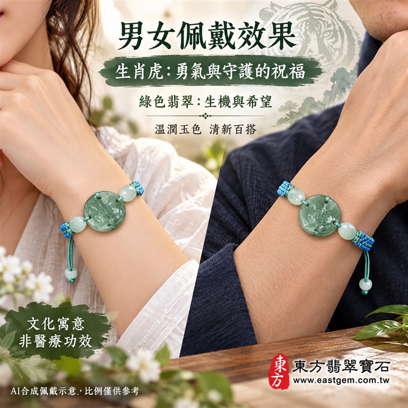 天然A貨翡翠生肖虎玉珮手鍊|緬甸玉虎牌玉墜手鍊|淡綠色糯種翡翠・圓形虎紋浮雕玉牌・玉色柔和溫潤・天然紋理各具特色|生肖虎寓意虎虎生風、勇氣自信、威武守護與平安吉祥,圓形玉牌象徵圓滿和諧,綠色翡翠寄託生機長青與希望成長的祝福|兩側淡綠玉珠搭配藍綠雙色編繩・活動結可調整鬆緊・玉珠繩尾點綴|清新雅緻、男女皆宜|適合生肖虎紀念、生日送禮、親友祝福、日常佩戴、通勤穿搭及個人珍藏|可客製化訂做翡翠虎吊墜、虎玉珮、緬甸玉虎玉墜及生肖虎編繩手鍊|附A貨翡翠雙證書|東方翡翠寶石|OTT001-2 天然A貨翡翠生肖虎玉珮手鍊|緬甸玉虎牌玉墜手鍊|淡綠色糯種翡翠・圓形虎紋浮雕玉牌・玉色柔和溫潤・天然紋理各具特色|生肖虎寓意虎虎生風、勇氣自信、威武守護與平安吉祥,圓形玉牌象徵圓滿和諧,綠色翡翠寄託生機長青與希望成長的祝福|兩側淡綠玉珠搭配藍綠雙色編繩・活動結可調整鬆緊・玉珠繩尾點綴|清新雅緻、男女皆宜|適合生肖虎紀念、生日送禮、親友祝福、日常佩戴、通勤穿搭及個人珍藏|可客製化訂做翡翠虎吊墜、虎玉珮、緬甸玉虎玉墜及生肖虎編繩手鍊|附A貨翡翠雙證書|東方翡翠寶石|OTT001-2