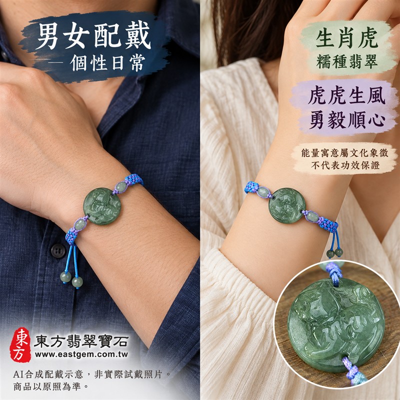 東方翡翠寶石 生肖虎A貨翡翠玉珮手鍊 緬甸玉虎牌玉墜編繩手鍊 OTT002 淡綠色糯種溫潤玉色 圓牌生肖虎雕刻玉珠點綴 藍紫雙色編繩個性雅緻 虎虎生風勇毅順心平安和諧圓滿吉祥寓意 男女日常配戴生日生肖紀念送禮自戴珍藏 客製化訂做各種翡翠虎吊墜玉珮手鍊 附A貨翡翠雙證書-2 東方翡翠寶石 生肖虎A貨翡翠玉珮手鍊 緬甸玉虎牌玉墜編繩手鍊 OTT002 淡綠色糯種溫潤玉色 圓牌生肖虎雕刻玉珠點綴 藍紫雙色編繩個性雅緻 虎虎生風勇毅順心平安和諧圓滿吉祥寓意 男女日常配戴生日生肖紀念送禮自戴珍藏 客製化訂做各種翡翠虎吊墜玉珮手鍊 附A貨翡翠雙證書-2