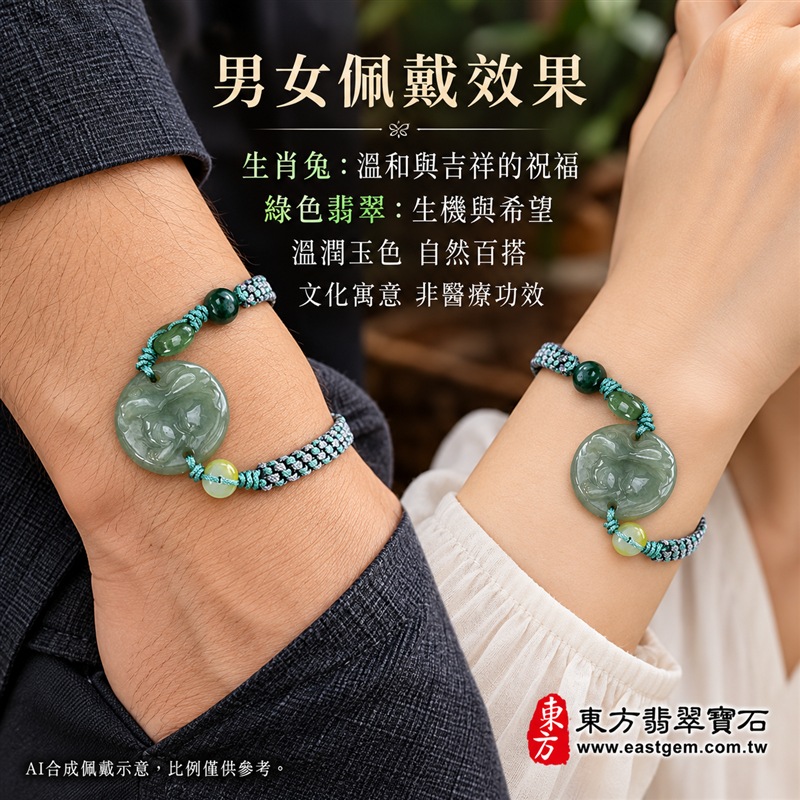 天然A貨翡翠生肖兔玉珮手鍊|緬甸玉兔牌玉墜手鍊|淡綠色糯種翡翠・圓形玉兔浮雕玉牌・玉色柔和溫潤・天然紋理各具特色|玉兔納福、平安吉祥、溫和慧巧,圓形玉牌寓意圓滿和諧,綠色翡翠寄託生機長青與希望成長的祝福|深綠橢圓玉珠與圓珠點綴・綠灰黑多色編繩・紫色活動結可調整鬆緊・玉珠繩尾設計|雅緻清新、男女皆宜|適合生肖兔紀念、生日送禮、親友祝福、日常佩戴、通勤穿搭及個人珍藏|可客製化訂做翡翠兔吊墜、兔玉珮、緬甸玉兔玉墜及生肖兔編繩手鍊|附A貨翡翠雙證書|東方翡翠寶石|ORB001-3 天然A貨翡翠生肖兔玉珮手鍊|緬甸玉兔牌玉墜手鍊|淡綠色糯種翡翠・圓形玉兔浮雕玉牌・玉色柔和溫潤・天然紋理各具特色|玉兔納福、平安吉祥、溫和慧巧,圓形玉牌寓意圓滿和諧,綠色翡翠寄託生機長青與希望成長的祝福|深綠橢圓玉珠與圓珠點綴・綠灰黑多色編繩・紫色活動結可調整鬆緊・玉珠繩尾設計|雅緻清新、男女皆宜|適合生肖兔紀念、生日送禮、親友祝福、日常佩戴、通勤穿搭及個人珍藏|可客製化訂做翡翠兔吊墜、兔玉珮、緬甸玉兔玉墜及生肖兔編繩手鍊|附A貨翡翠雙證書|東方翡翠寶石|ORB001-3