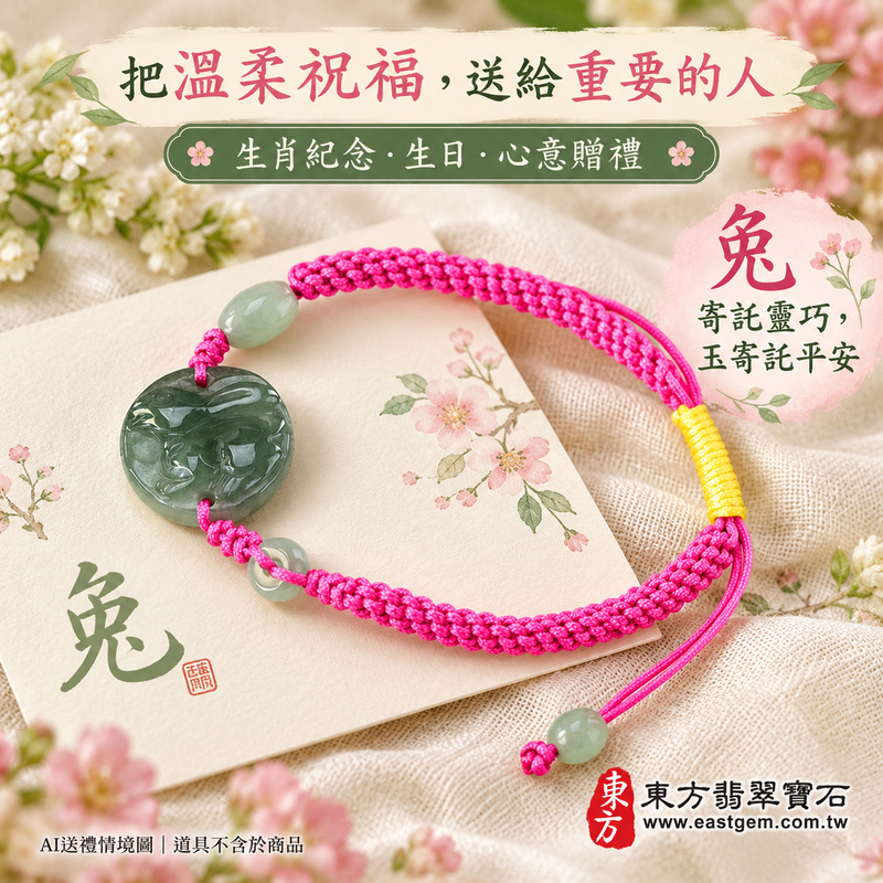 生肖兔A貨翡翠玉珮手鍊 淡綠色糯種緬甸玉兔牌玉墜 溫潤糯感與自然綠色層次 兔牌雕刻搭配桃紅編繩與黃色繩結 寄託溫柔靈巧 和諧圓滿 平安順心與長久陪伴的吉祥祝福 ORB002 附A貨翡翠雙證書 男女日常配戴 生肖紀念與生日心意贈禮 可洽詢客製化翡翠兔吊墜玉珮手鍊及手圍調整-5 生肖兔A貨翡翠玉珮手鍊 淡綠色糯種緬甸玉兔牌玉墜 溫潤糯感與自然綠色層次 兔牌雕刻搭配桃紅編繩與黃色繩結 寄託溫柔靈巧 和諧圓滿 平安順心與長久陪伴的吉祥祝福 ORB002 附A貨翡翠雙證書 男女日常配戴 生肖紀念與生日心意贈禮 可洽詢客製化翡翠兔吊墜玉珮手鍊及手圍調整-5