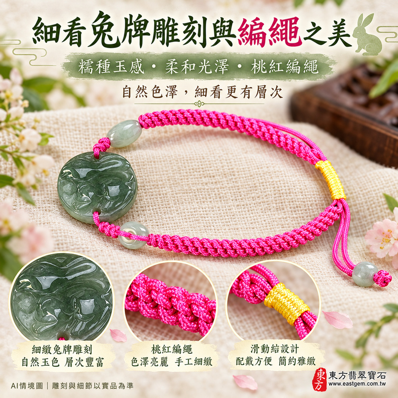 生肖兔A貨翡翠玉珮手鍊 淡綠色糯種緬甸玉兔牌玉墜 溫潤糯感與自然綠色層次 兔牌雕刻搭配桃紅編繩與黃色繩結 寄託溫柔靈巧 和諧圓滿 平安順心與長久陪伴的吉祥祝福 ORB002 附A貨翡翠雙證書 男女日常配戴 生肖紀念與生日心意贈禮 可洽詢客製化翡翠兔吊墜玉珮手鍊及手圍調整-1 生肖兔A貨翡翠玉珮手鍊 淡綠色糯種緬甸玉兔牌玉墜 溫潤糯感與自然綠色層次 兔牌雕刻搭配桃紅編繩與黃色繩結 寄託溫柔靈巧 和諧圓滿 平安順心與長久陪伴的吉祥祝福 ORB002 附A貨翡翠雙證書 男女日常配戴 生肖紀念與生日心意贈禮 可洽詢客製化翡翠兔吊墜玉珮手鍊及手圍調整-1