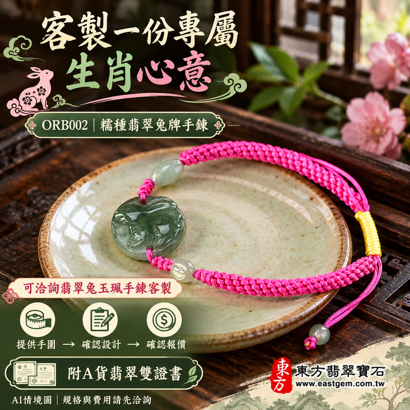 生肖兔A貨翡翠玉珮手鍊 淡綠色糯種緬甸玉兔牌玉墜 溫潤糯感與自然綠色層次 兔牌雕刻搭配桃紅編繩與黃色繩結 寄託溫柔靈巧 和諧圓滿 平安順心與長久陪伴的吉祥祝福 ORB002 附A貨翡翠雙證書 男女日常配戴 生肖紀念與生日心意贈禮 可洽詢客製化翡翠兔吊墜玉珮手鍊及手圍調整-5 生肖兔A貨翡翠玉珮手鍊 淡綠色糯種緬甸玉兔牌玉墜 溫潤糯感與自然綠色層次 兔牌雕刻搭配桃紅編繩與黃色繩結 寄託溫柔靈巧 和諧圓滿 平安順心與長久陪伴的吉祥祝福 ORB002 附A貨翡翠雙證書 男女日常配戴 生肖紀念與生日心意贈禮 可洽詢客製化翡翠兔吊墜玉珮手鍊及手圍調整-5