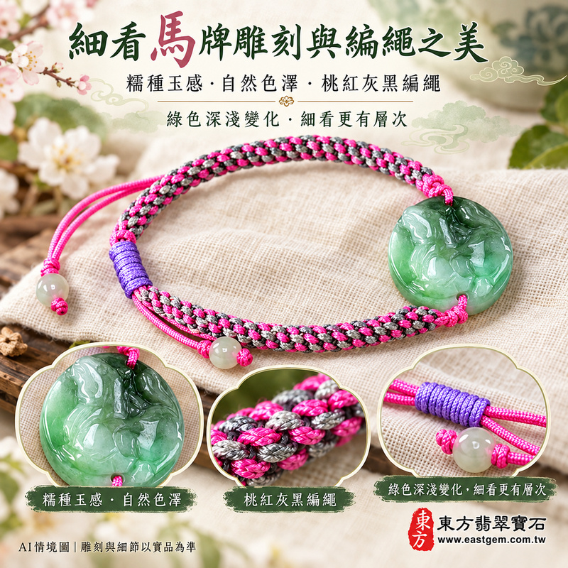 生肖馬A貨翡翠玉珮手鍊 淡綠色糯種緬甸玉馬牌玉墜 溫潤玉感與自然綠色層次 馬牌雕刻搭配桃紅灰黑編繩及紫色繩結 寄託一馬當先 馬到成功 龍馬精神 積極進取與平安順心的吉祥祝福 OHO001 附A貨翡翠雙證書 男女日常配戴 生肖紀念與生日心意贈禮 可洽詢客製化翡翠馬吊墜玉珮手鍊及手圍調整-3 生肖馬A貨翡翠玉珮手鍊 淡綠色糯種緬甸玉馬牌玉墜 溫潤玉感與自然綠色層次 馬牌雕刻搭配桃紅灰黑編繩及紫色繩結 寄託一馬當先 馬到成功 龍馬精神 積極進取與平安順心的吉祥祝福 OHO001 附A貨翡翠雙證書 男女日常配戴 生肖紀念與生日心意贈禮 可洽詢客製化翡翠馬吊墜玉珮手鍊及手圍調整-3
