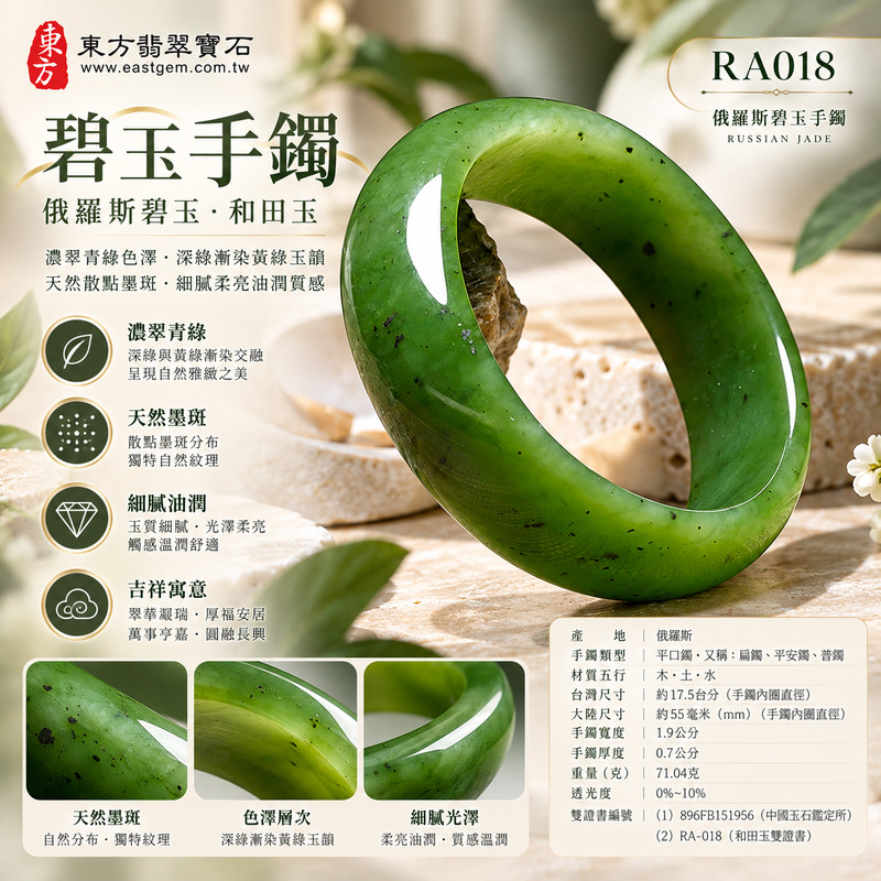 碧玉手鐲・俄羅斯碧玉手鐲｜濃翠青綠色澤・深綠漸染黃綠玉韻・天然散點墨斑・細膩柔亮油潤質感・翠華凝瑞・厚福安居・萬事亨嘉・圓融長興｜和田玉・和闐玉・平口鐲・平安鐲・圓鐲17.5・RA018｜天然俄羅斯碧玉手鐲・客製化訂做各種碧玉與和田玉鐲｜附和田玉雙證書1