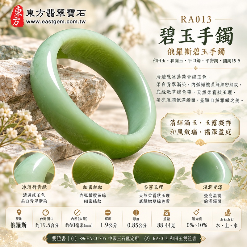 碧玉手鐲・俄羅斯碧玉手鐲｜清透感冰薄荷青綠玉色・柔白青翠漸染・內弧橄欖黃綠細密絲紋・底緣嫩草綠色帶・天然柔霧狀玉理・瑩亮溫潤飽滿鐲面・清輝涵玉・玉露凝祥・和風致瑞・福澤盈庭｜和田玉・和闐玉・平口鐲・平安鐲・圓鐲19.5・RA013｜天然俄羅斯碧玉手鐲・客製化訂做各種碧玉與和田玉鐲｜附和田玉雙證書1