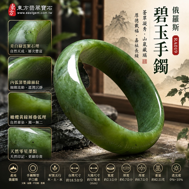 碧玉手鐲・俄羅斯碧玉手鐲｜蒼潤灰翠綠色澤・左側青白綠雲絮石理・上緣淺苔綠自然沁色・內弧深墨綠密緻絲紋・右側煙青綠暈影・底緣橄欖黃綠層疊弧理・天然零星墨點・凝潤亮澤寬版玉面・蒼翠凝秀・山嵐藏瑞・厚德載福・嘉祉長綏｜和田玉・和闐玉・平口鐲・平安鐲・圓鐲18.5・RA019｜天然俄羅斯碧玉手鐲・客製化訂做各種碧玉與和田玉鐲｜附和田玉雙證書1