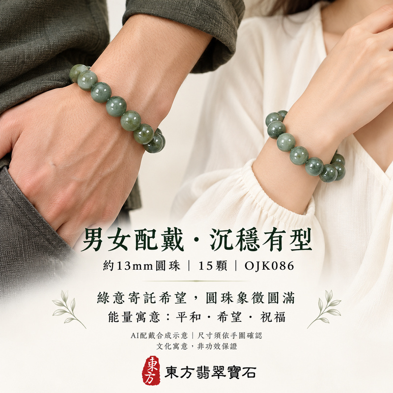 糯種綠色翡翠手鍊 圓滿如意與平安相伴的祝福 溫潤糯感 沉穩灰綠色階 自然玉石紋理與圓潤光澤 約13mm圓珠15顆 OJK086 緬甸玉手珠 附A貨翡翠雙證書 男女日常穿搭 生日祝福與紀念送禮 客製化翡翠珠串 翡翠珠子 緬甸玉手鍊 緬甸玉珠串 緬甸玉珠子與手珠設計 東方翡翠寶石-2 糯種綠色翡翠手鍊 圓滿如意與平安相伴的祝福 溫潤糯感 沉穩灰綠色階 自然玉石紋理與圓潤光澤 約13mm圓珠15顆 OJK086 緬甸玉手珠 附A貨翡翠雙證書 男女日常穿搭 生日祝福與紀念送禮 客製化翡翠珠串 翡翠珠子 緬甸玉手鍊 緬甸玉珠串 緬甸玉珠子與手珠設計 東方翡翠寶石-2